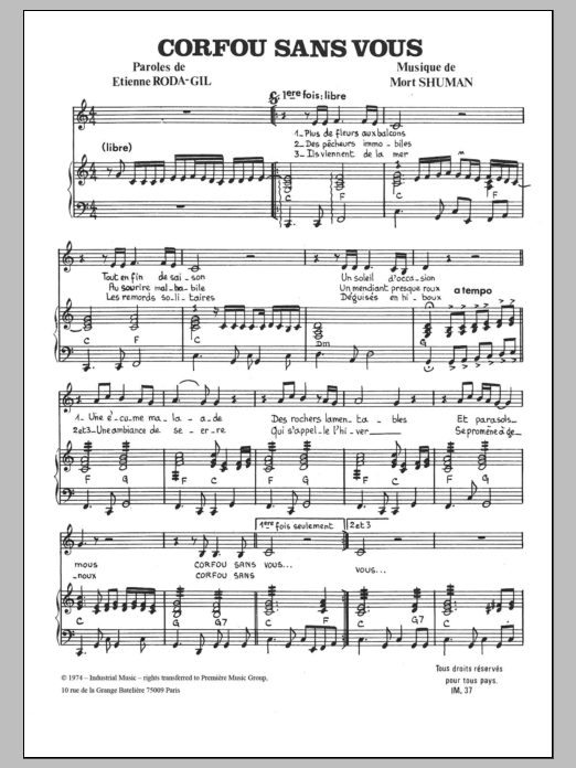 Mort Shuman Corfou, Sans Vous Sheet Music & Chords for Piano & Vocal - Download or Print PDF