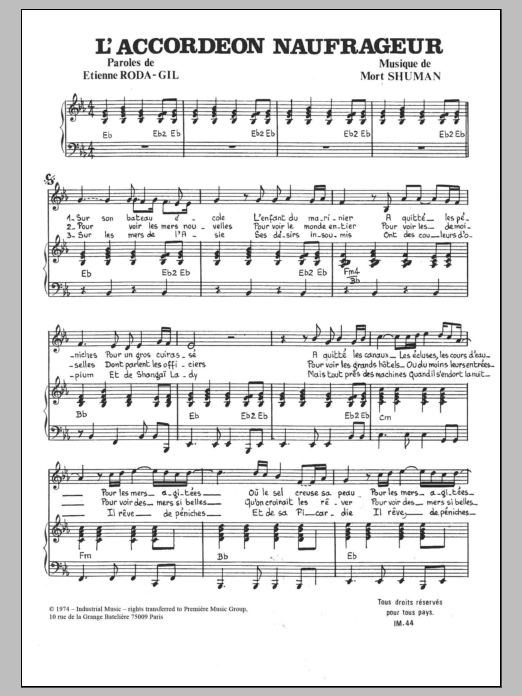 Mort Shuman L'Accordeon Naufrageur Sheet Music & Chords for Piano & Vocal - Download or Print PDF