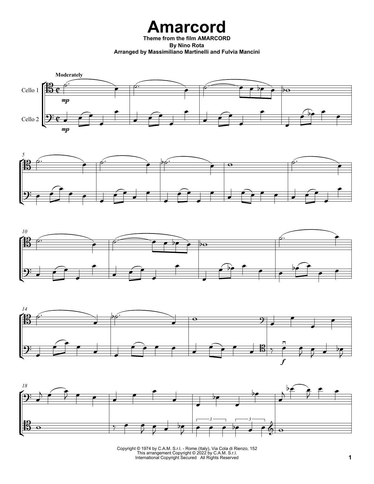 Mr & Mrs Cello Amarcord (from Amarcord) Sheet Music & Chords for Cello Duet - Download or Print PDF