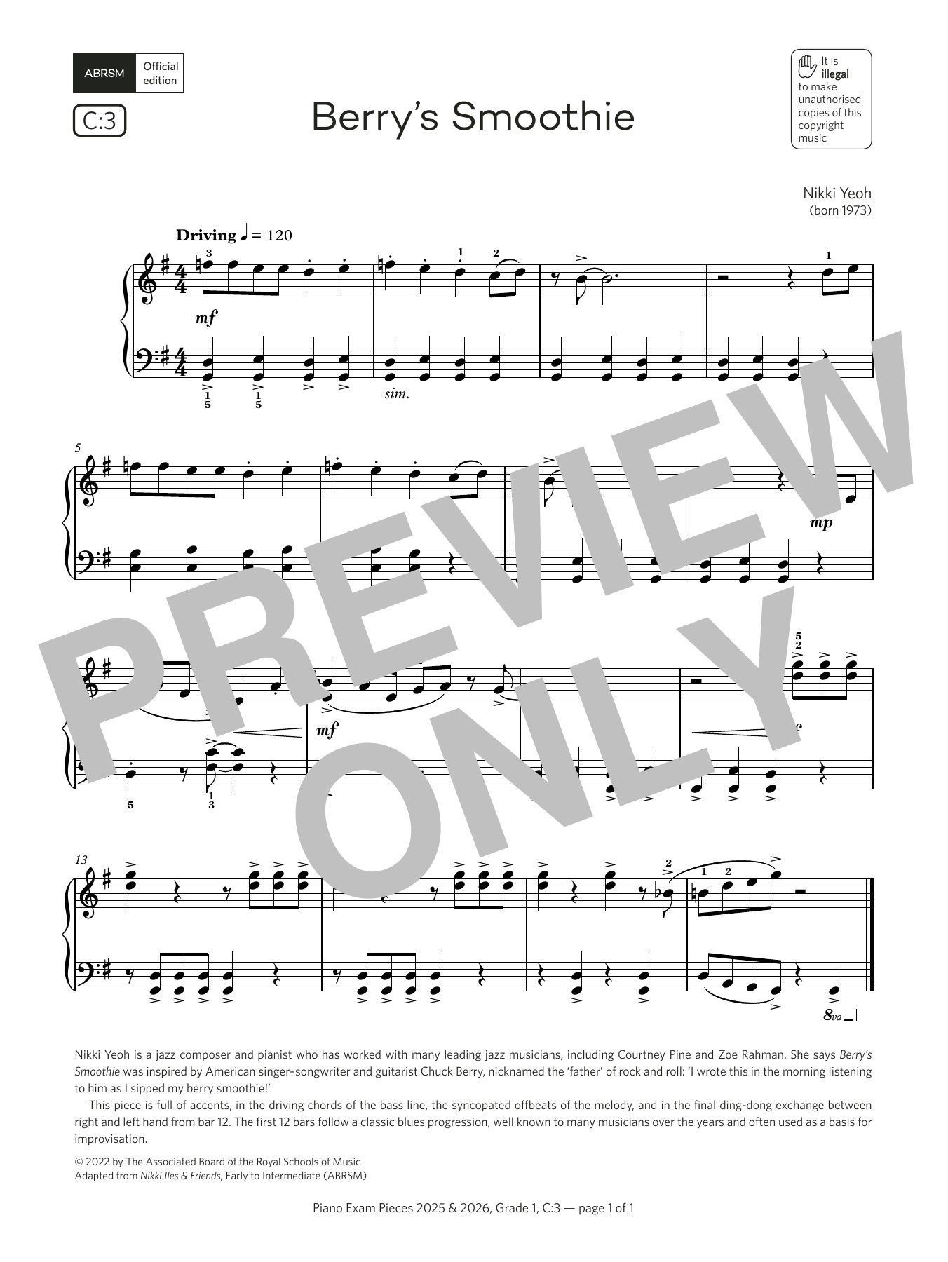 Nikki Yeoh Berry's Smoothie (Grade 1, list C3, from the ABRSM Piano Syllabus 2025 & 2026) Sheet Music & Chords for Piano Solo - Download or Print PDF