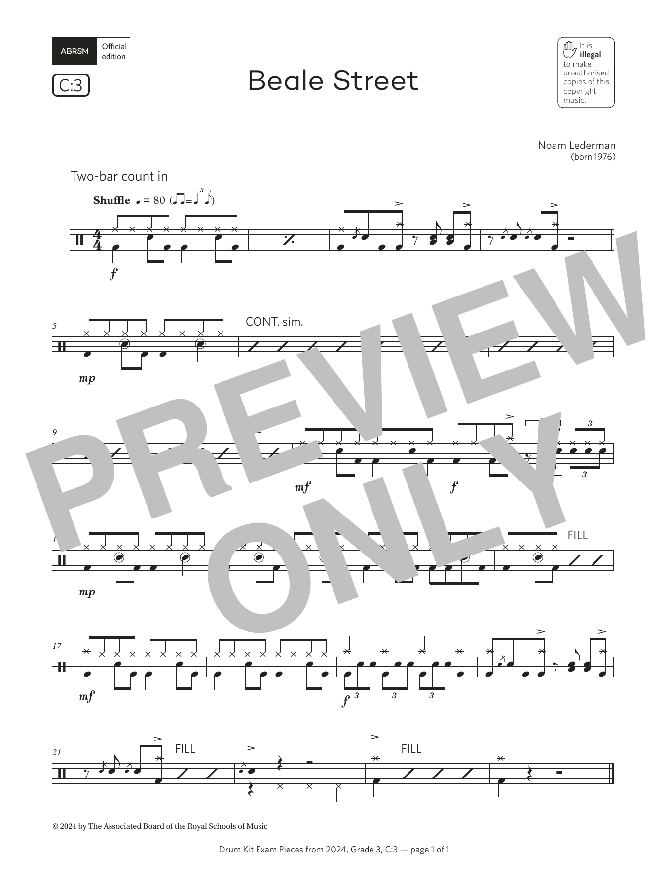 Noam Lederman Beale Street (Grade 3, list C3, from the ABRSM Drum Kit Syllabus 2024) Sheet Music & Chords for Drums - Download or Print PDF