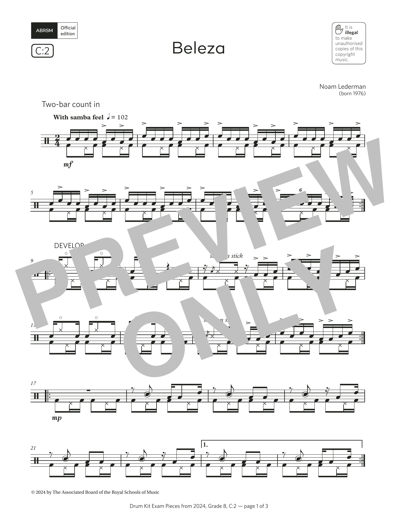 Noam Lederman Beleza (Grade 8, list C2, from the ABRSM Drum Kit Syllabus 2024) Sheet Music & Chords for Drums - Download or Print PDF