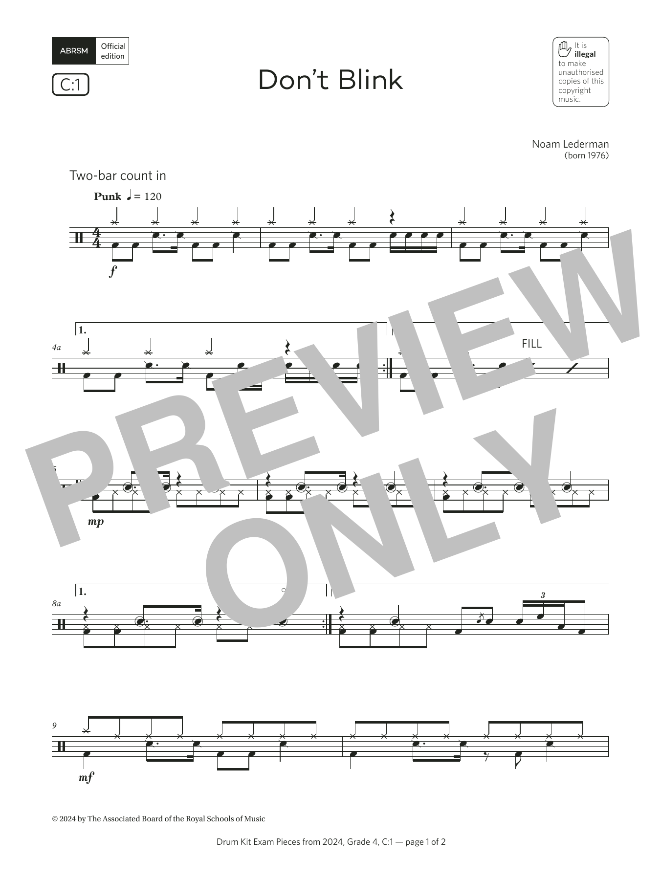 Noam Lederman Don't Blink (Grade 4, list C1, from the ABRSM Drum Kit Syllabus 2024) Sheet Music & Chords for Drums - Download or Print PDF