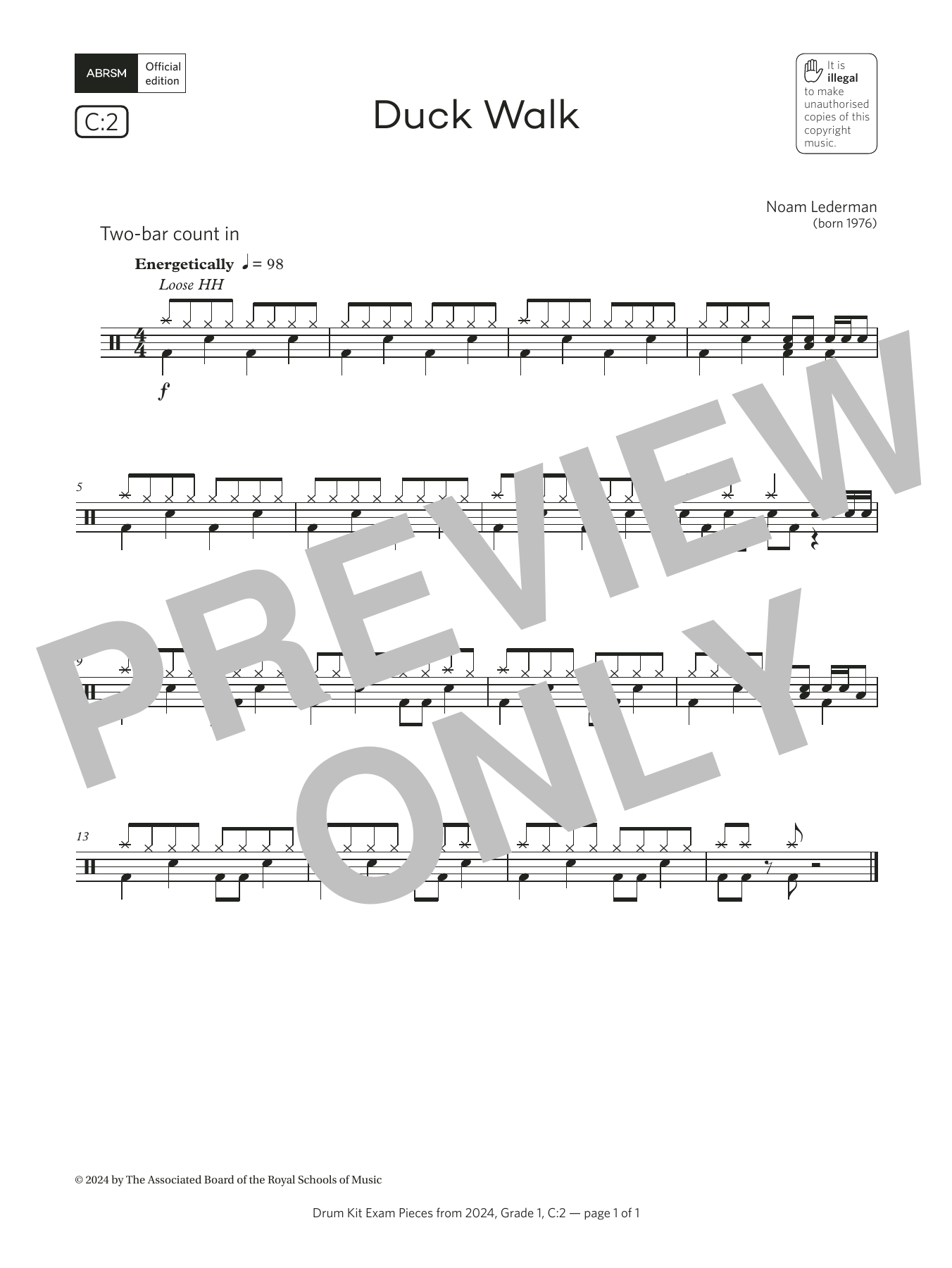 Noam Lederman Duck Walk (Grade 1, list C2, from the ABRSM Drum Kit Syllabus 2024) Sheet Music & Chords for Drums - Download or Print PDF