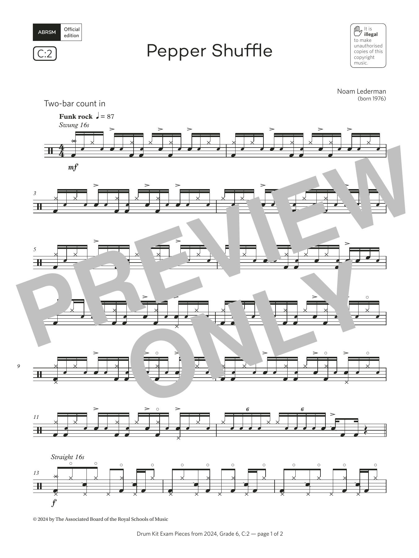 Noam Lederman Pepper Shuffle (Grade 6, list C2, from the ABRSM Drum Kit Syllabus 2024) Sheet Music & Chords for Drums - Download or Print PDF