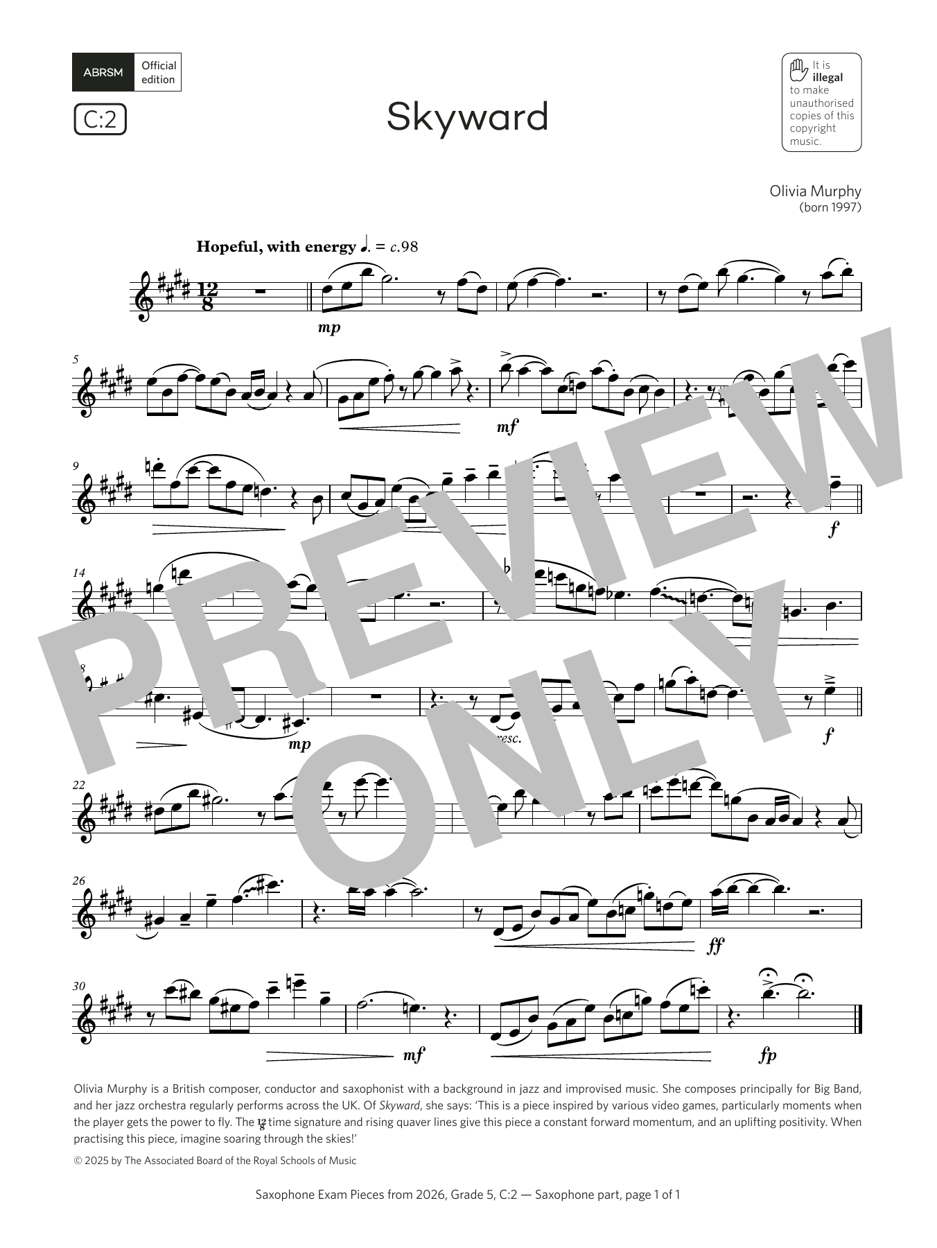 Olivia Murphy Skyward (Grade 5, list C2, from the ABRSM Saxophone Syllabus from 2026) Sheet Music & Chords for Alto Sax Solo - Download or Print PDF