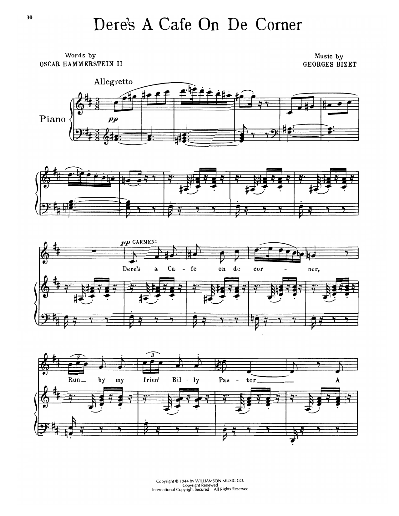 Oscar Hammerstein II & Georges Bizet Dere's A Cafe On De Corner (from Carmen Jones) Sheet Music & Chords for Piano, Vocal & Guitar Chords (Right-Hand Melody) - Download or Print PDF