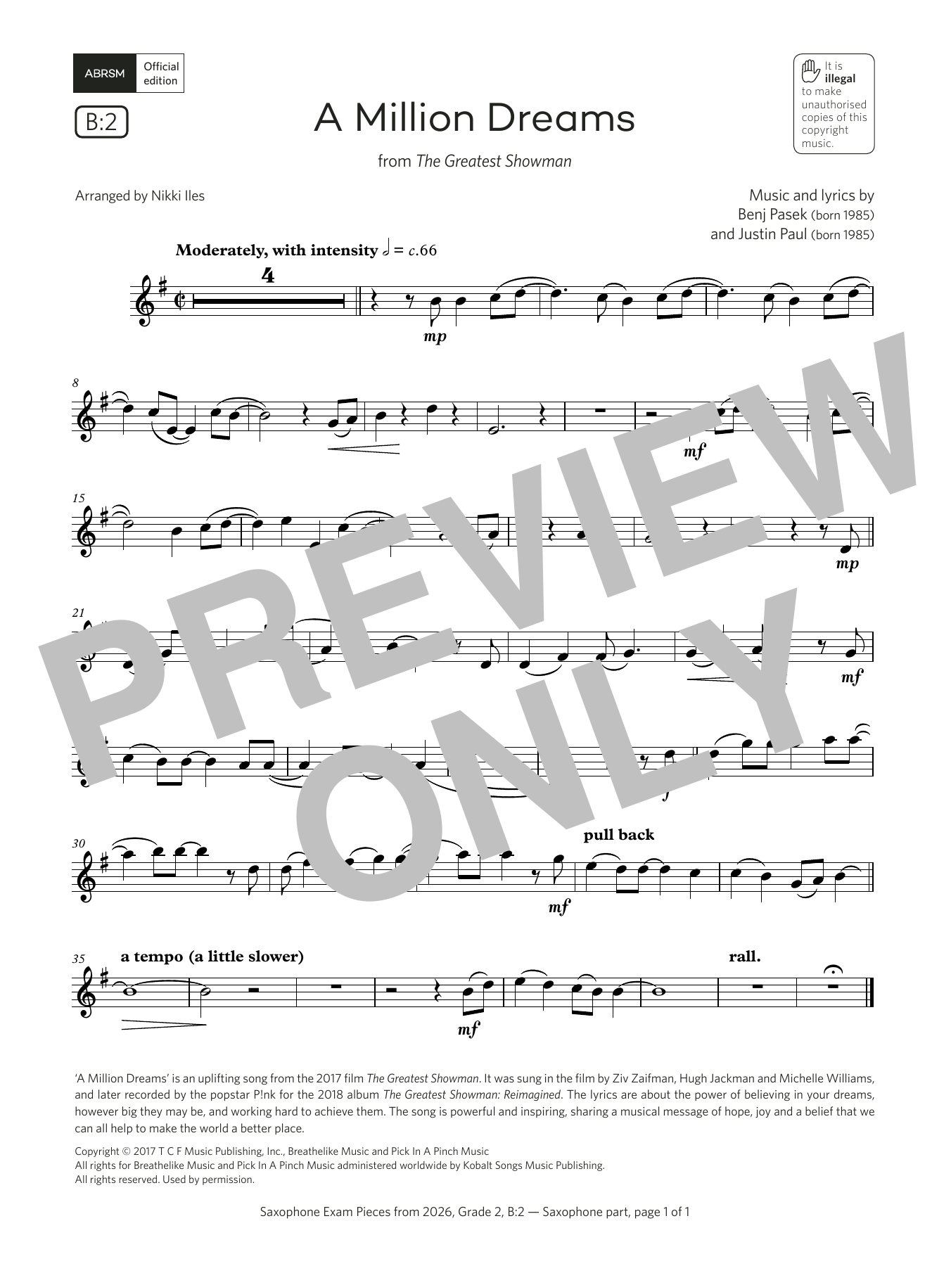 Pasek & Paul A Million Dreams (Grade 2, list B2, from the ABRSM Saxophone Syllabus from 2026) Sheet Music & Chords for Alto Sax Solo - Download or Print PDF