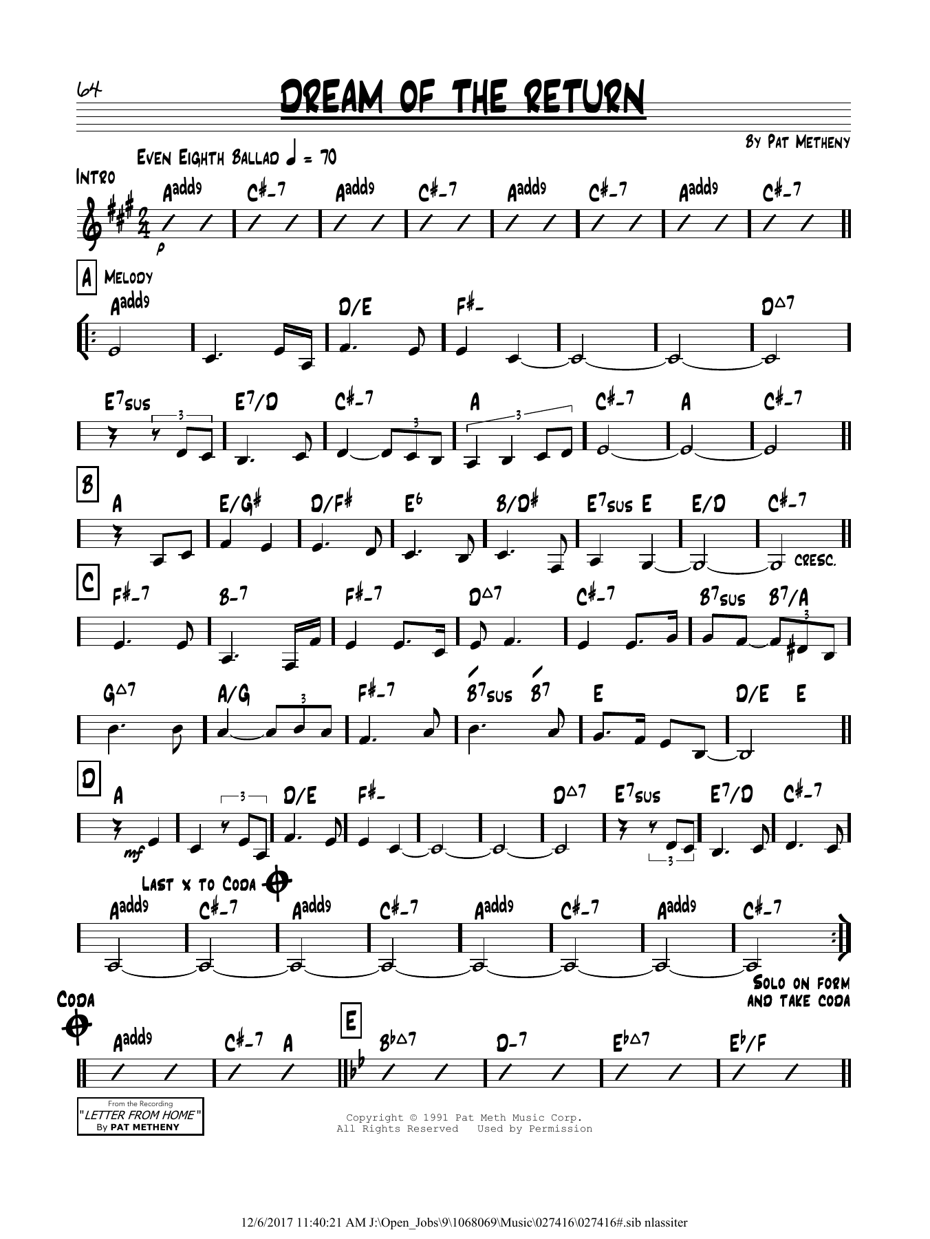 Pat Metheny Dream Of The Return Sheet Music & Chords for Real Book – Melody & Chords - Download or Print PDF