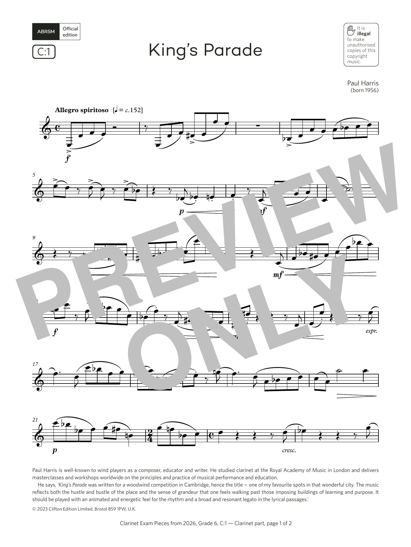 Paul Harris King's Parade (Grade 6, list C1, from the ABRSM Clarinet Syllabus from 2026) Sheet Music & Chords for Clarinet Solo - Download or Print PDF