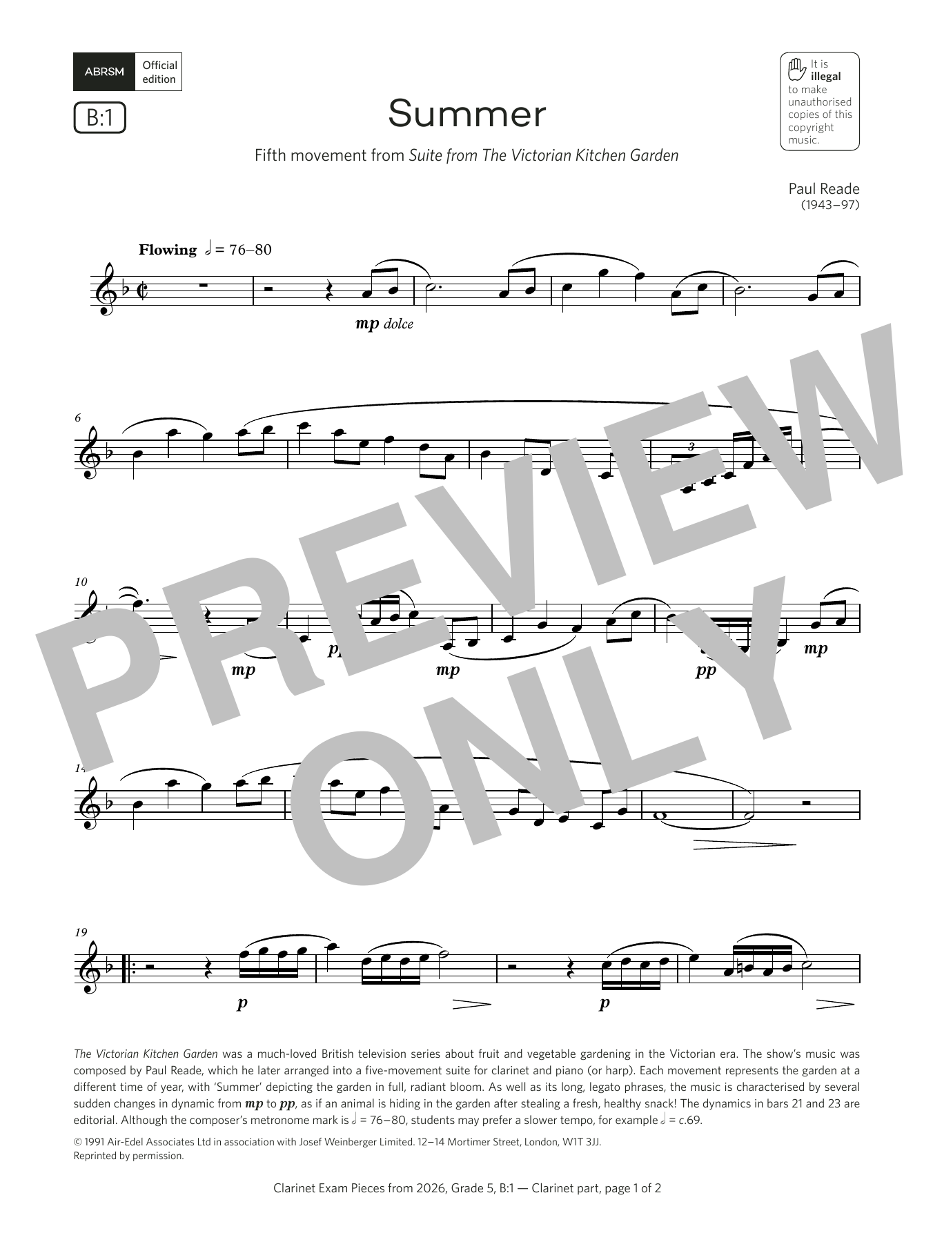 Paul Reade Summer (Grade 5, list B1, from the ABRSM Clarinet Syllabus from 2026) Sheet Music & Chords for Clarinet Solo - Download or Print PDF