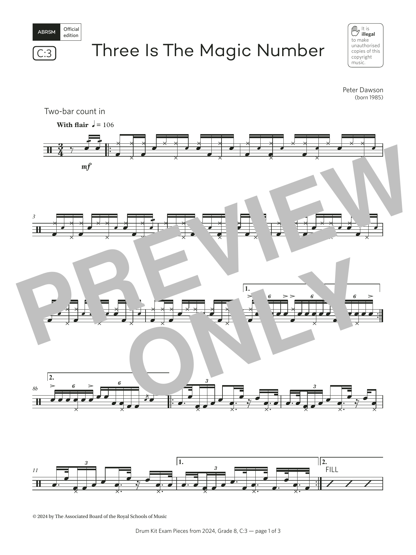 Pete Dawson Three Is The Magic Number (Grade 8, list C3, from the ABRSM Drum Kit Syllabus 2024) Sheet Music & Chords for Drums - Download or Print PDF