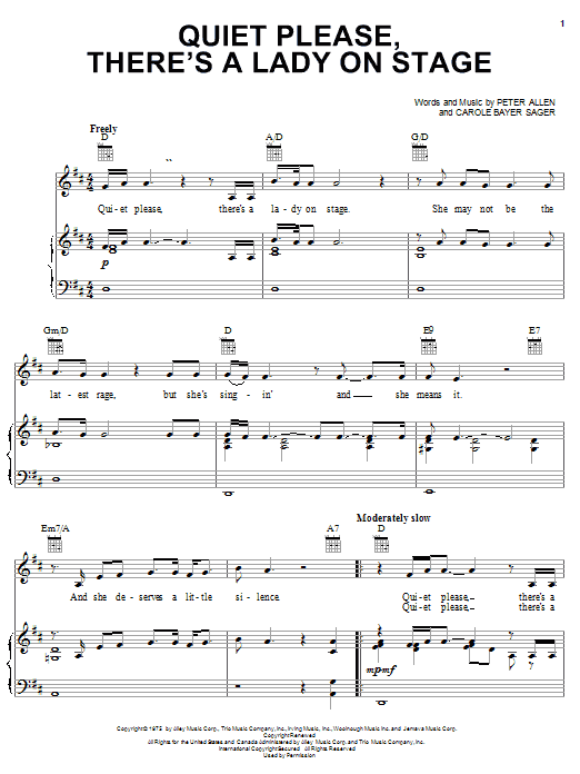 Peter Allen Quiet Please, There's A Lady On Stage Sheet Music & Chords for Piano, Vocal & Guitar (Right-Hand Melody) - Download or Print PDF