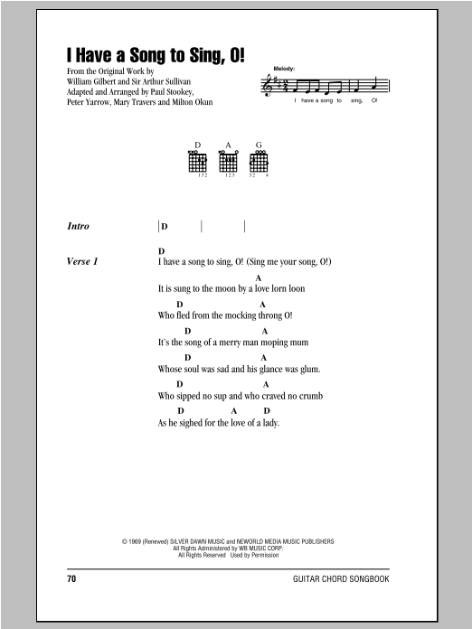 Peter, Paul & Mary I Have A Song To Sing, O! Sheet Music & Chords for Lyrics & Chords - Download or Print PDF