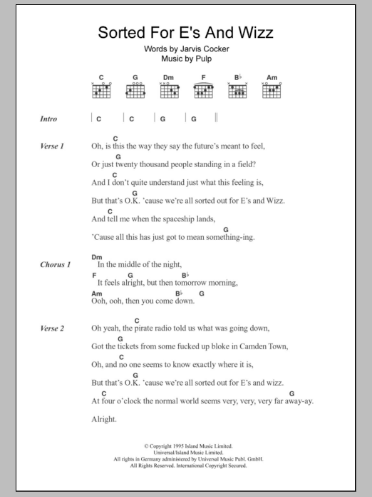 Pulp Sorted For E's And Wizz Sheet Music & Chords for Lyrics & Chords - Download or Print PDF