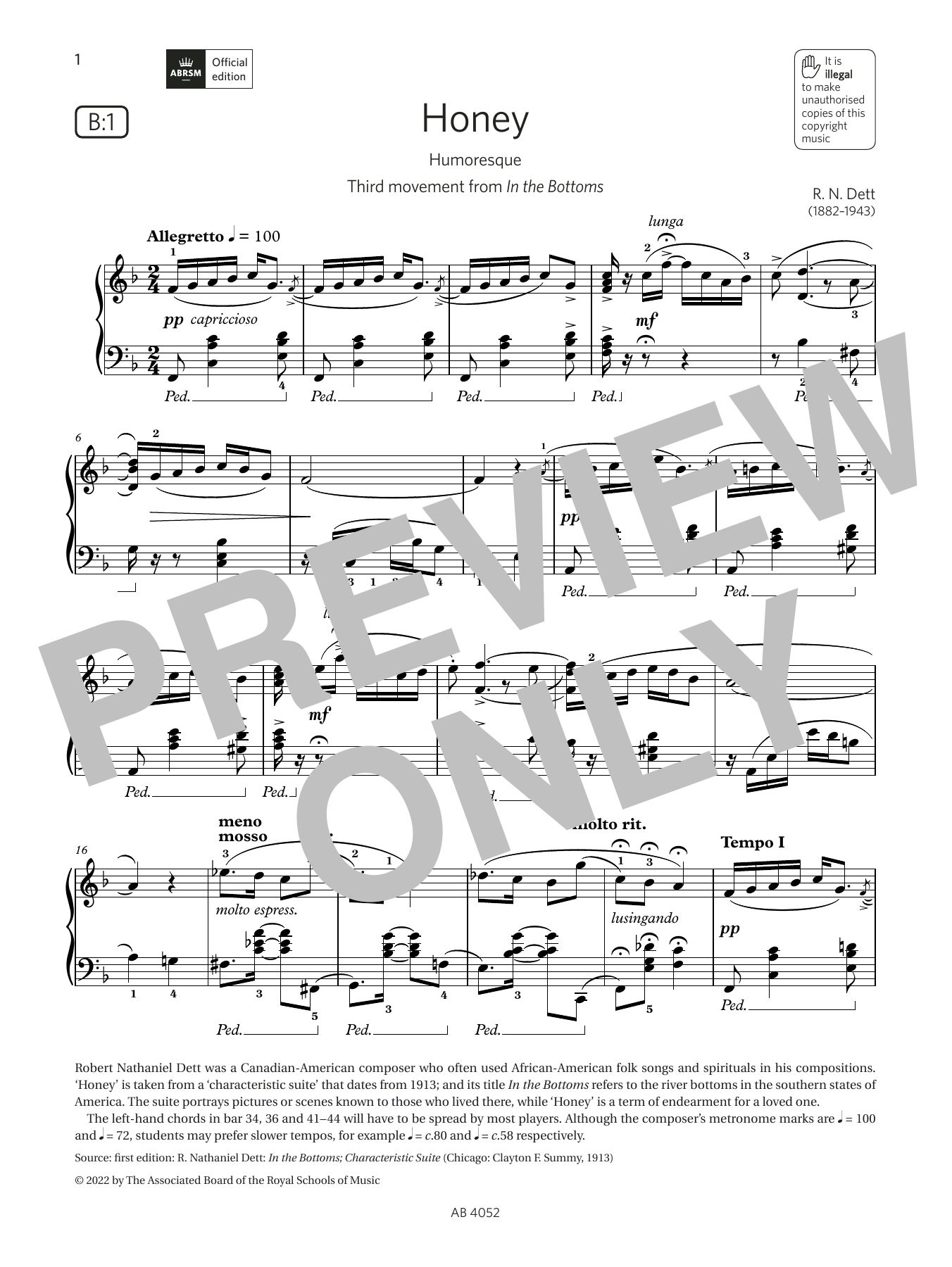 R N Dett Honey (Grade 6, list B1, from the ABRSM Piano Syllabus 2023 & 2024) Sheet Music & Chords for Piano Solo - Download or Print PDF