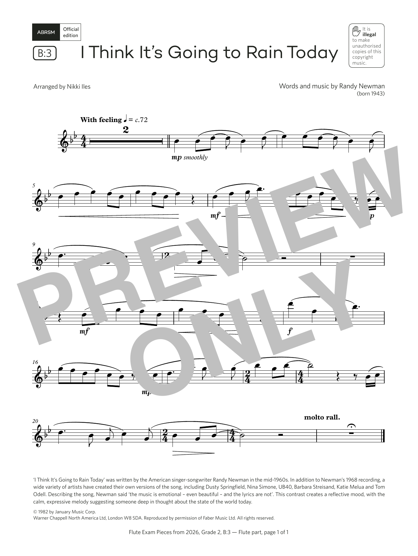Randy Newman I Think It's Going to Rain Today (Grade 2, list B3, from the ABRSM Flute Syllabus from 2026) Sheet Music & Chords for Flute Solo - Download or Print PDF