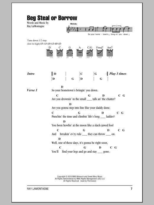 Ray LaMontagne Beg Steal Or Borrow Sheet Music & Chords for Lyrics & Chords - Download or Print PDF