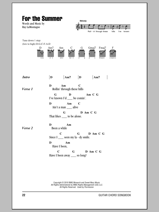 Ray LaMontagne For The Summer Sheet Music & Chords for Lyrics & Chords - Download or Print PDF