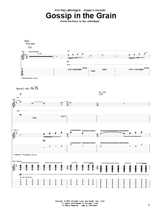 Ray LaMontagne Gossip In The Grain Sheet Music & Chords for Guitar Tab - Download or Print PDF
