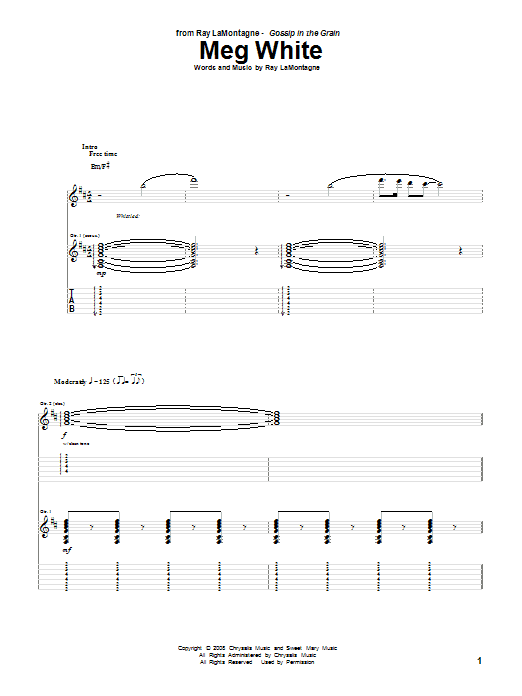 Ray LaMontagne Meg White Sheet Music & Chords for Guitar Tab - Download or Print PDF