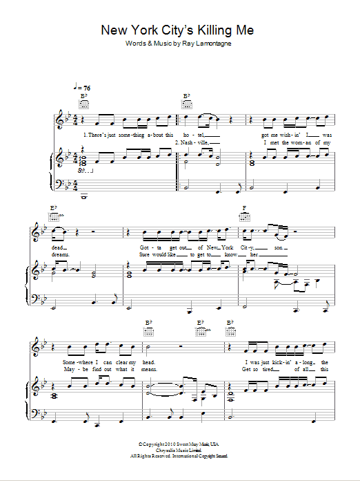 Ray LaMontagne New York City's Killing Me Sheet Music & Chords for Piano, Vocal & Guitar (Right-Hand Melody) - Download or Print PDF