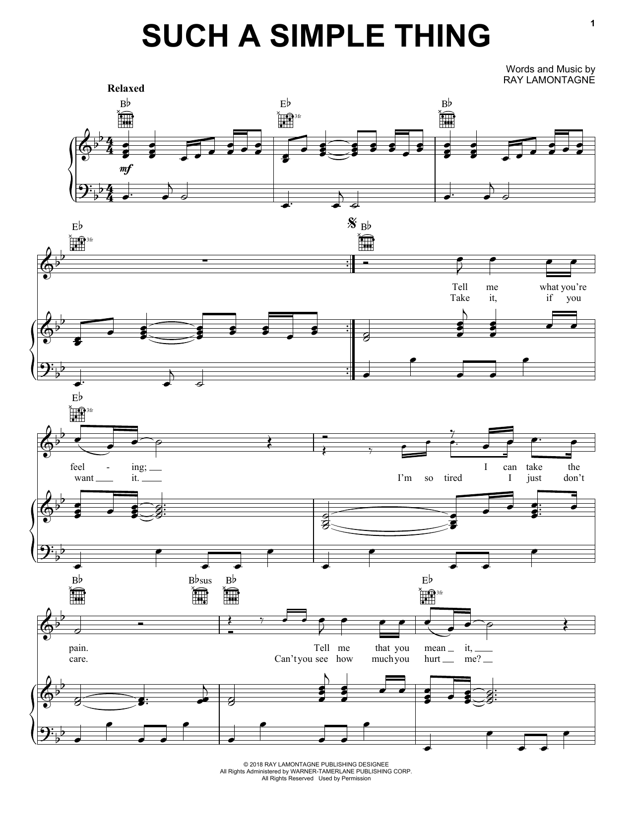 Ray LaMontagne Such A Simple Thing Sheet Music & Chords for Piano, Vocal & Guitar (Right-Hand Melody) - Download or Print PDF