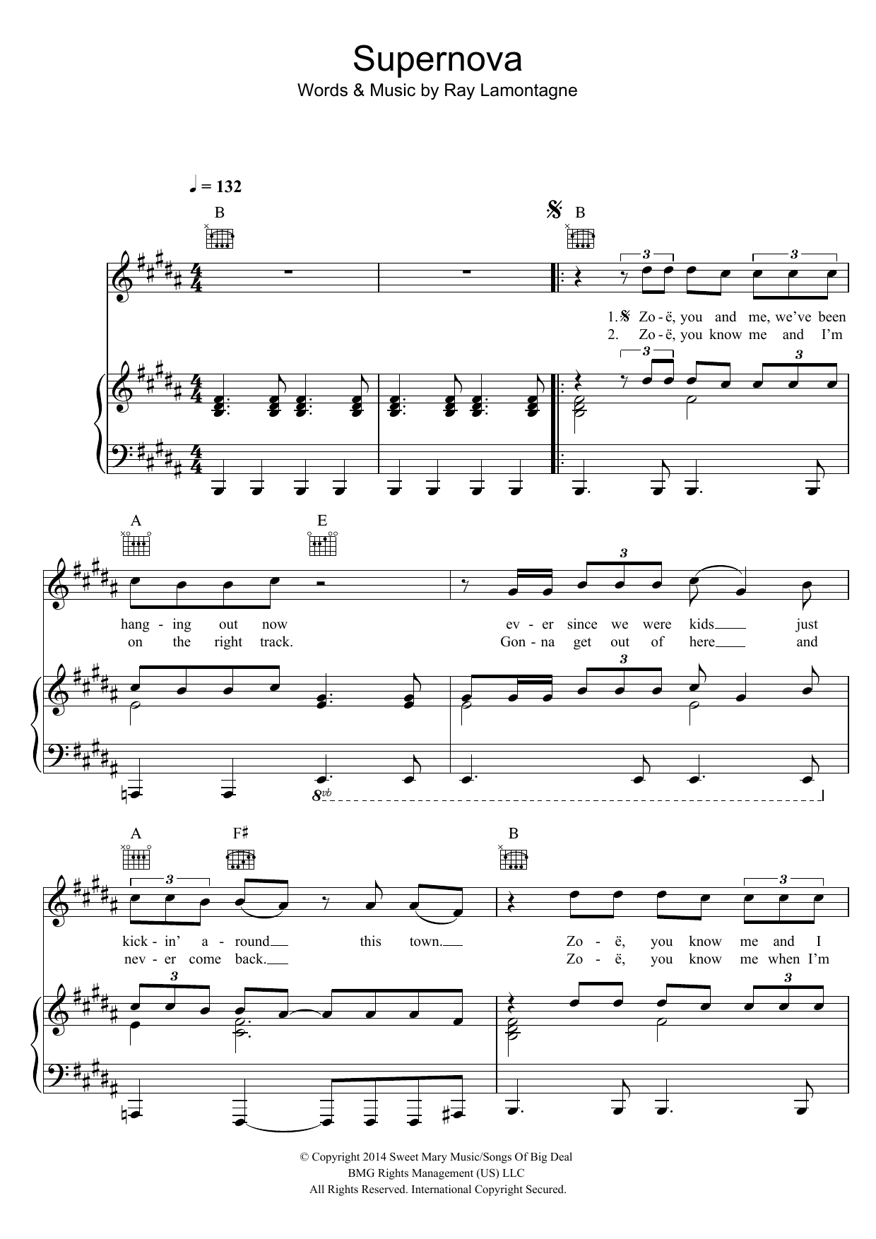 Ray LaMontagne Supernova Sheet Music & Chords for Piano, Vocal & Guitar (Right-Hand Melody) - Download or Print PDF