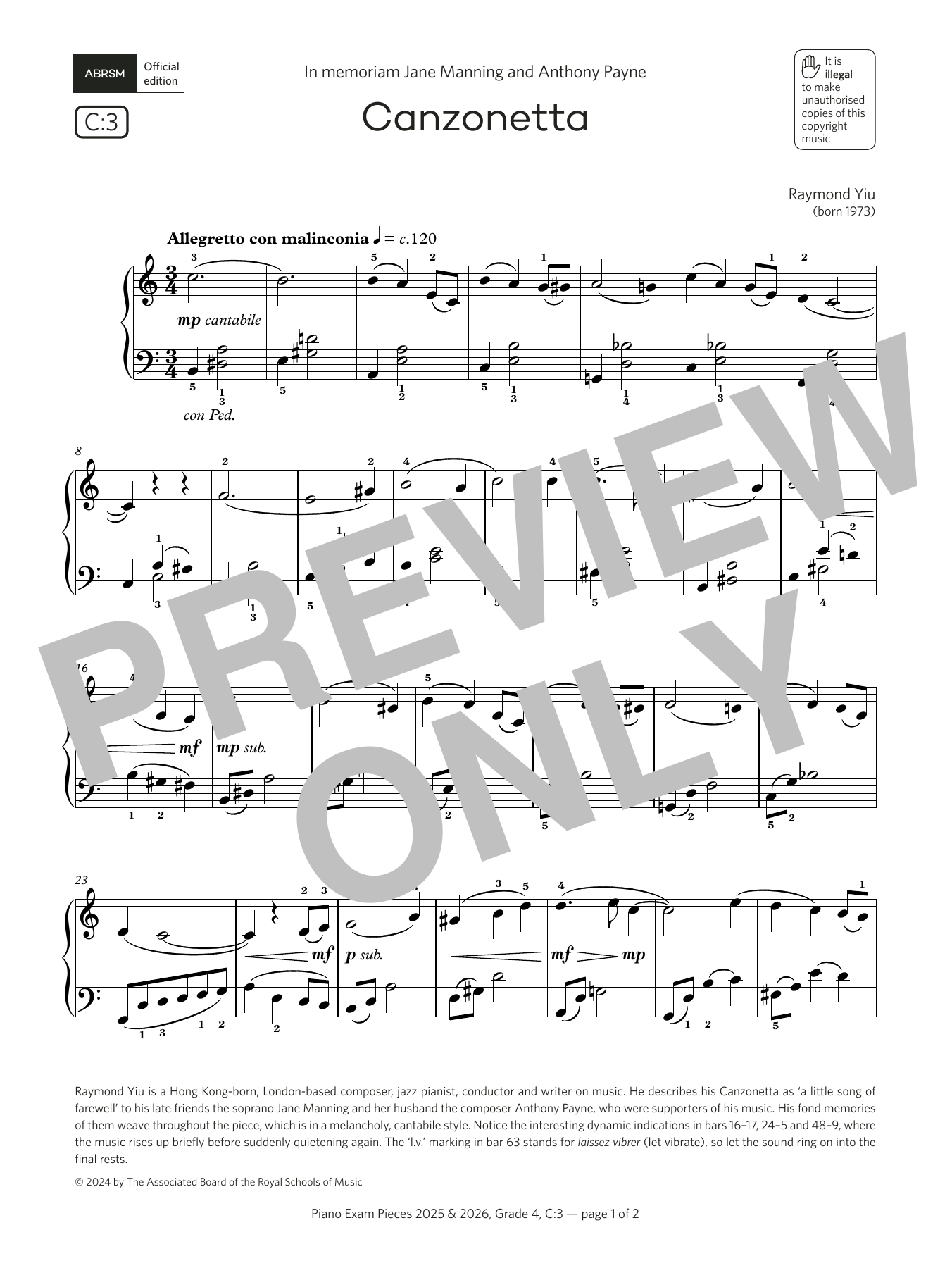 Raymond Yiu Canzonetta (Grade 4, list C3, from the ABRSM Piano Syllabus 2025 & 2026) Sheet Music & Chords for Piano Solo - Download or Print PDF