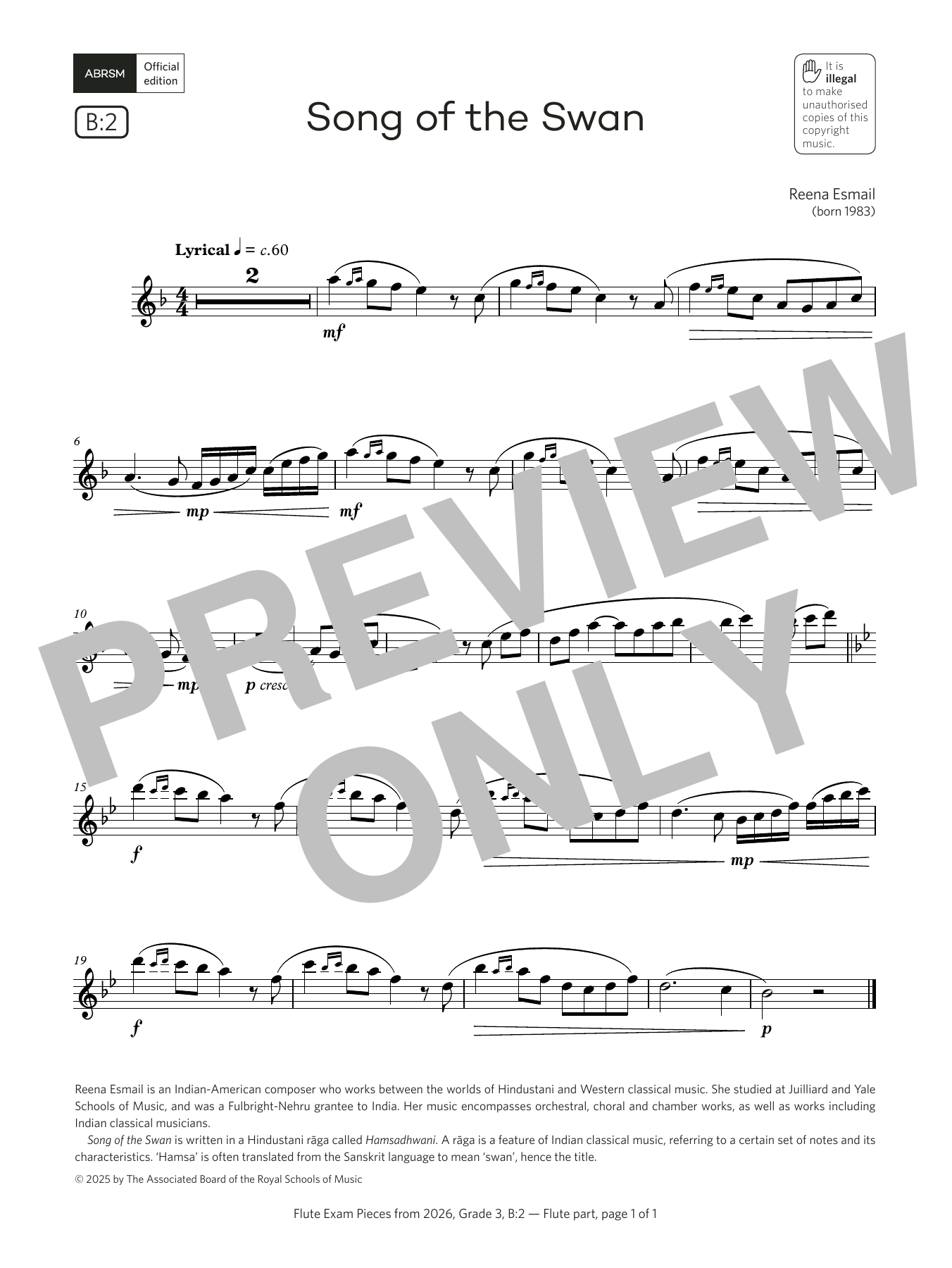 Reena Esmail Song of the Swan (Grade 3, list B2, from the ABRSM Flute Syllabus from 2026) Sheet Music & Chords for Flute Solo - Download or Print PDF