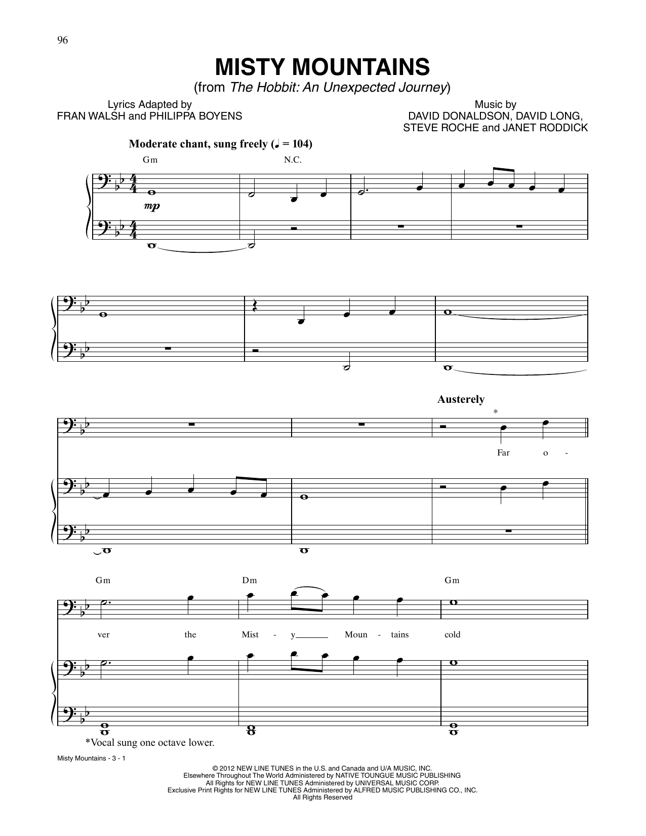Richard Armitage Misty Mountains (from The Hobbit: An Unexpected Journey) Sheet Music & Chords for Piano, Vocal & Guitar Chords (Right-Hand Melody) - Download or Print PDF