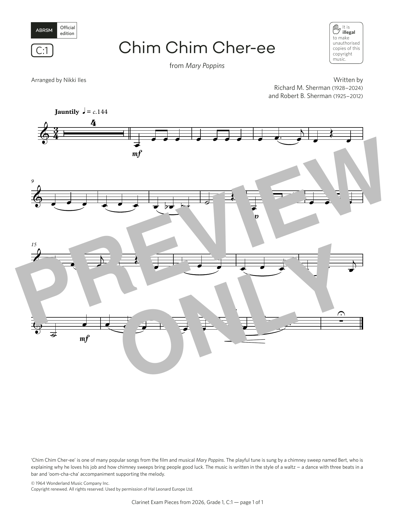 Richard Sherman & Robert Sherman Chim Chim Cher-ee (Grade 1, list C1, from the ABRSM Clarinet Syllabus from 2026) Sheet Music & Chords for Clarinet Solo - Download or Print PDF