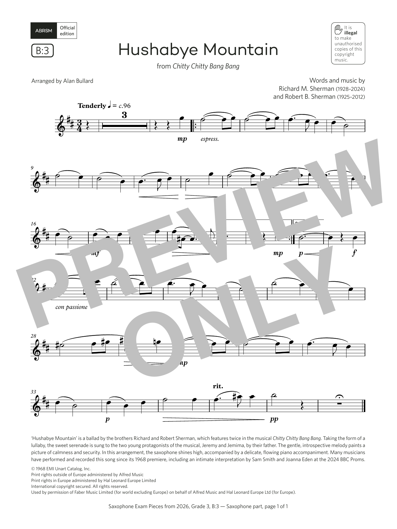 Robert Sherman Hushabye Mountain (Grade 3, list B3, from the ABRSM Saxophone Syllabus from 2026) Sheet Music & Chords for Alto Sax Solo - Download or Print PDF