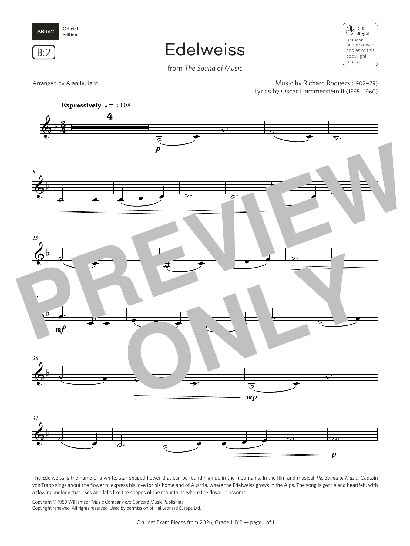 Rodgers & Hammerstein Edelweiss (Grade 1, list B2, from the ABRSM Clarinet Syllabus from 2026) Sheet Music & Chords for Clarinet Solo - Download or Print PDF