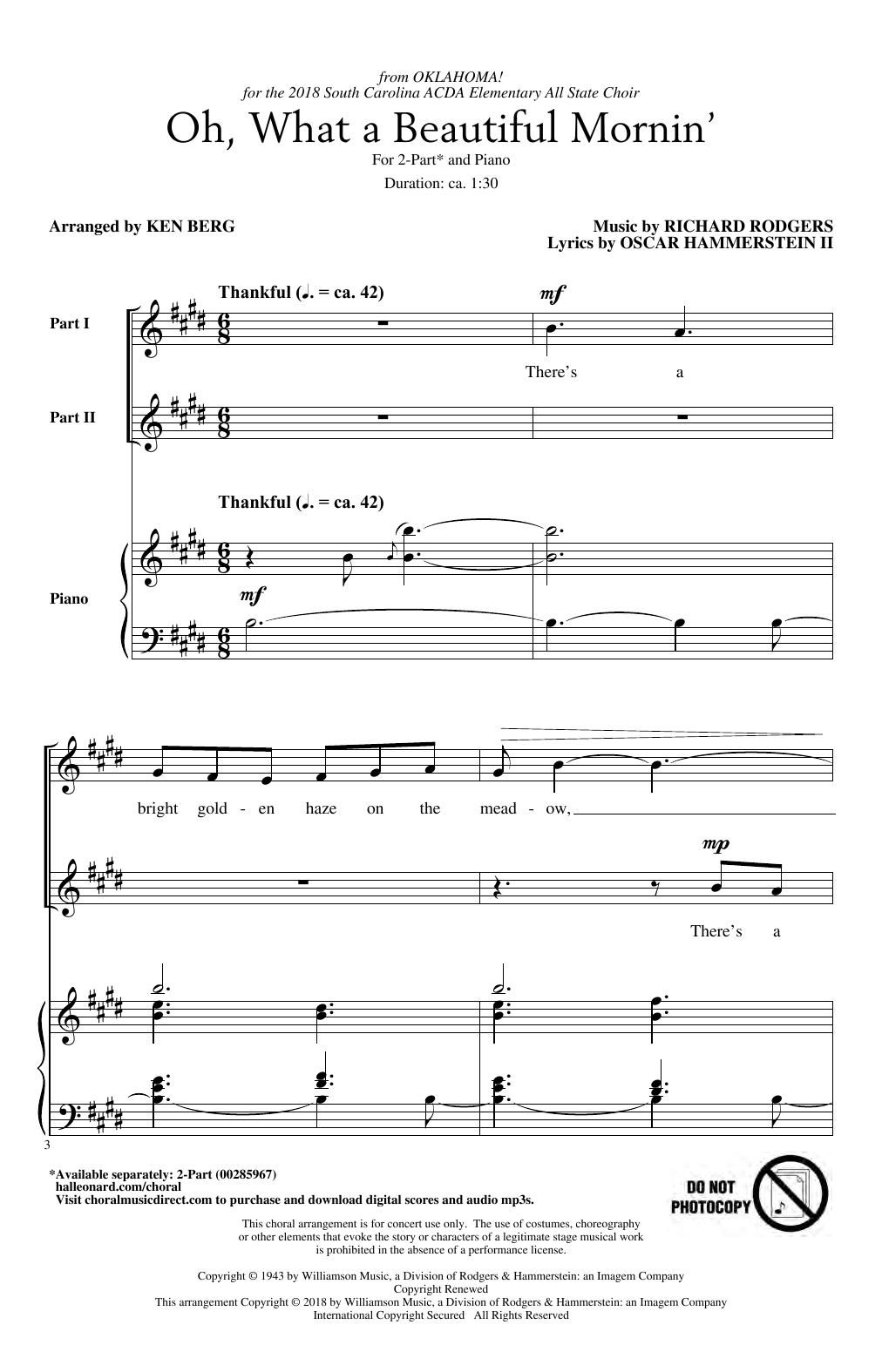 Rodgers & Hammerstein Oh, What A Beautiful Mornin' (from Oklahoma!) (arr. Ken Berg) Sheet Music & Chords for 2-Part Choir - Download or Print PDF