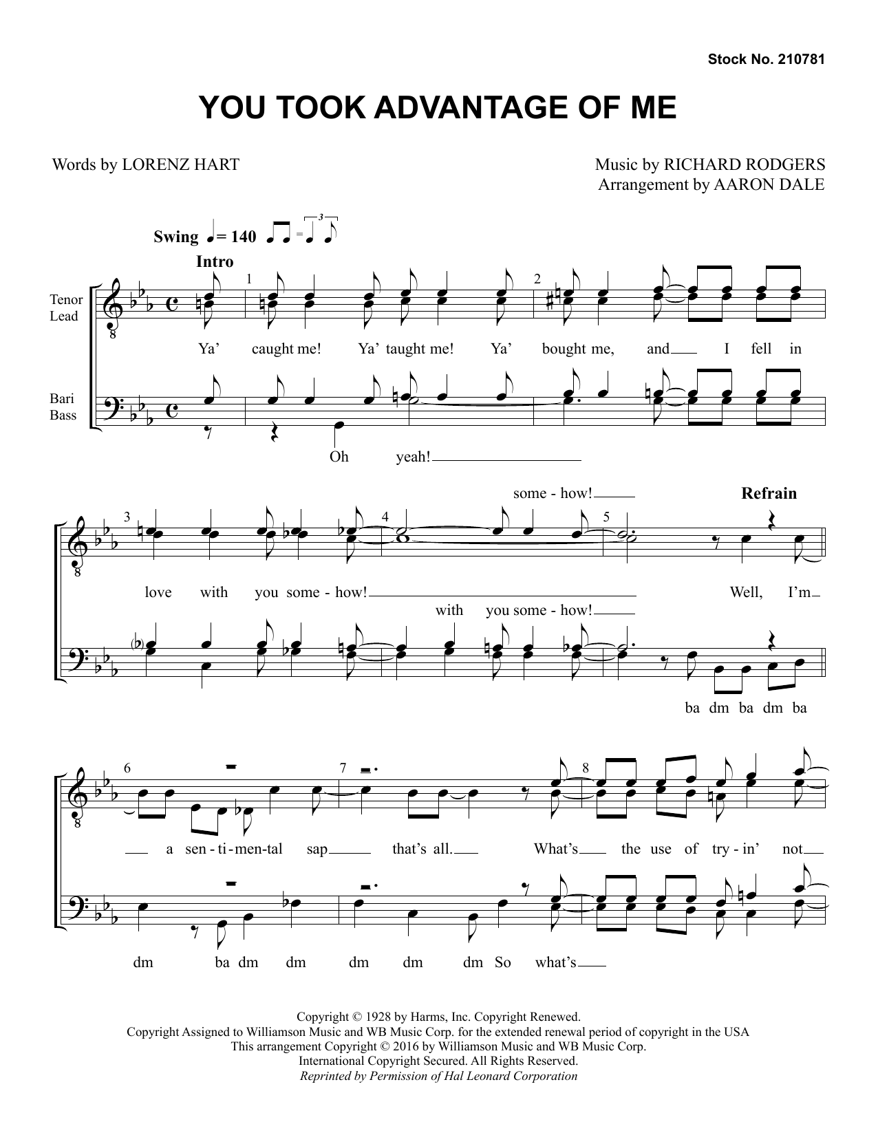 Rodgers & Hart You Took Advantage of Me (arr. Aaron Dale) Sheet Music & Chords for TTBB Choir - Download or Print PDF