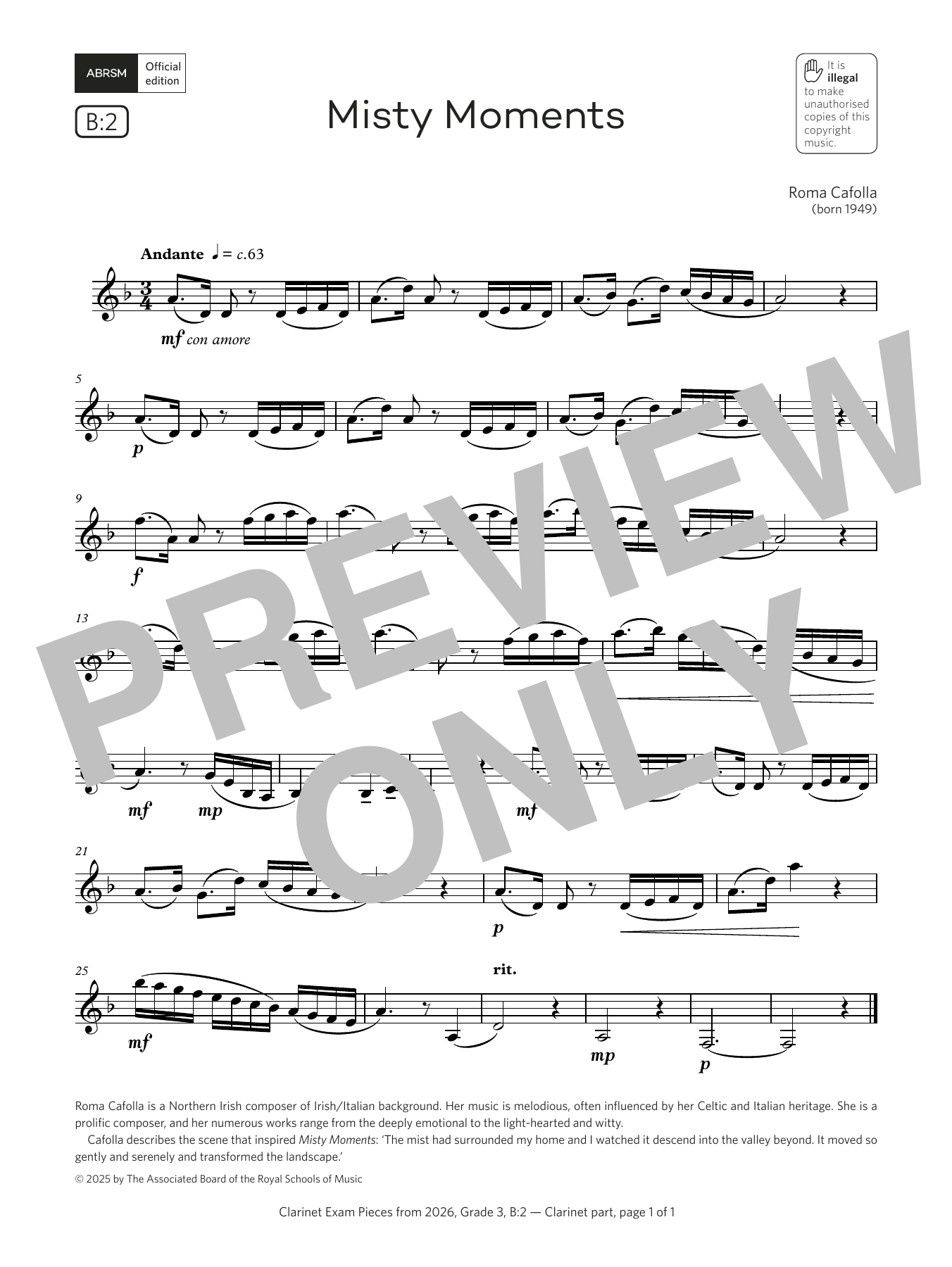 Roma Cafolla Misty Moments (Grade 3, list B2, from the ABRSM Clarinet Syllabus from 2026) Sheet Music & Chords for Clarinet Solo - Download or Print PDF