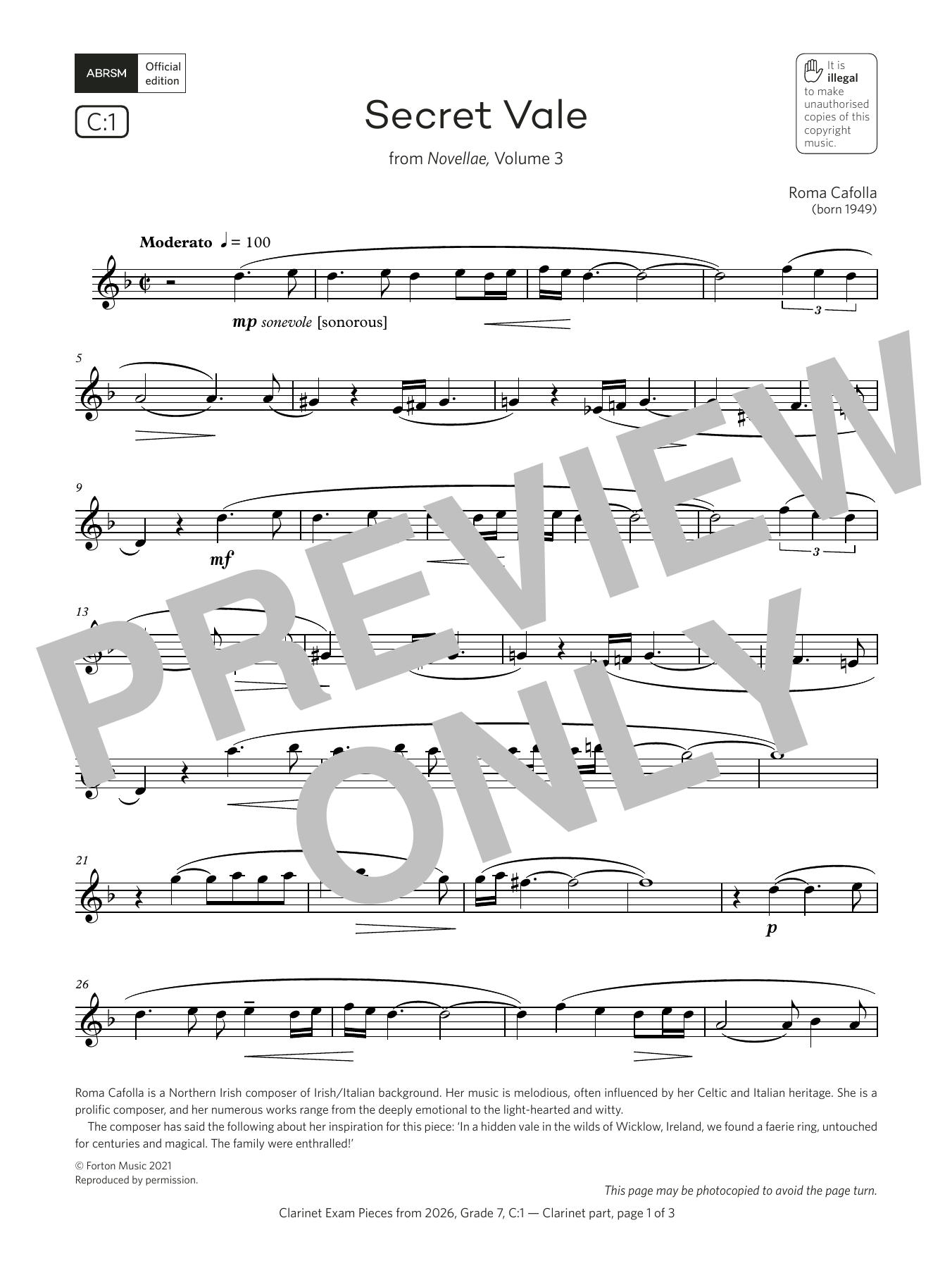 Roma Cafolla Secret Vale (Grade 7, list C1, from the ABRSM Clarinet Syllabus from 2026) Sheet Music & Chords for Clarinet Solo - Download or Print PDF