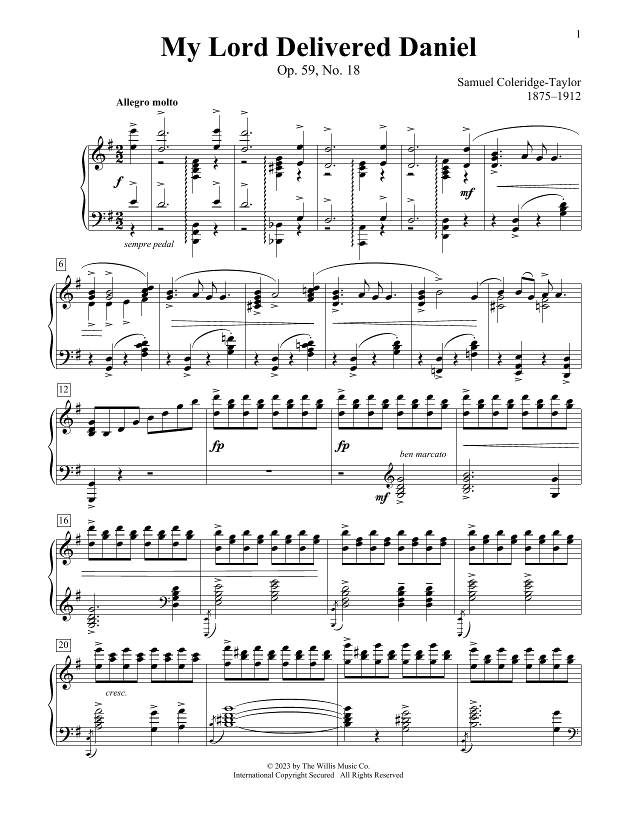 Samuel Coleridge-Taylor My Lord Delivered Daniel, Op. 59, No. 18 Sheet Music & Chords for Educational Piano - Download or Print PDF