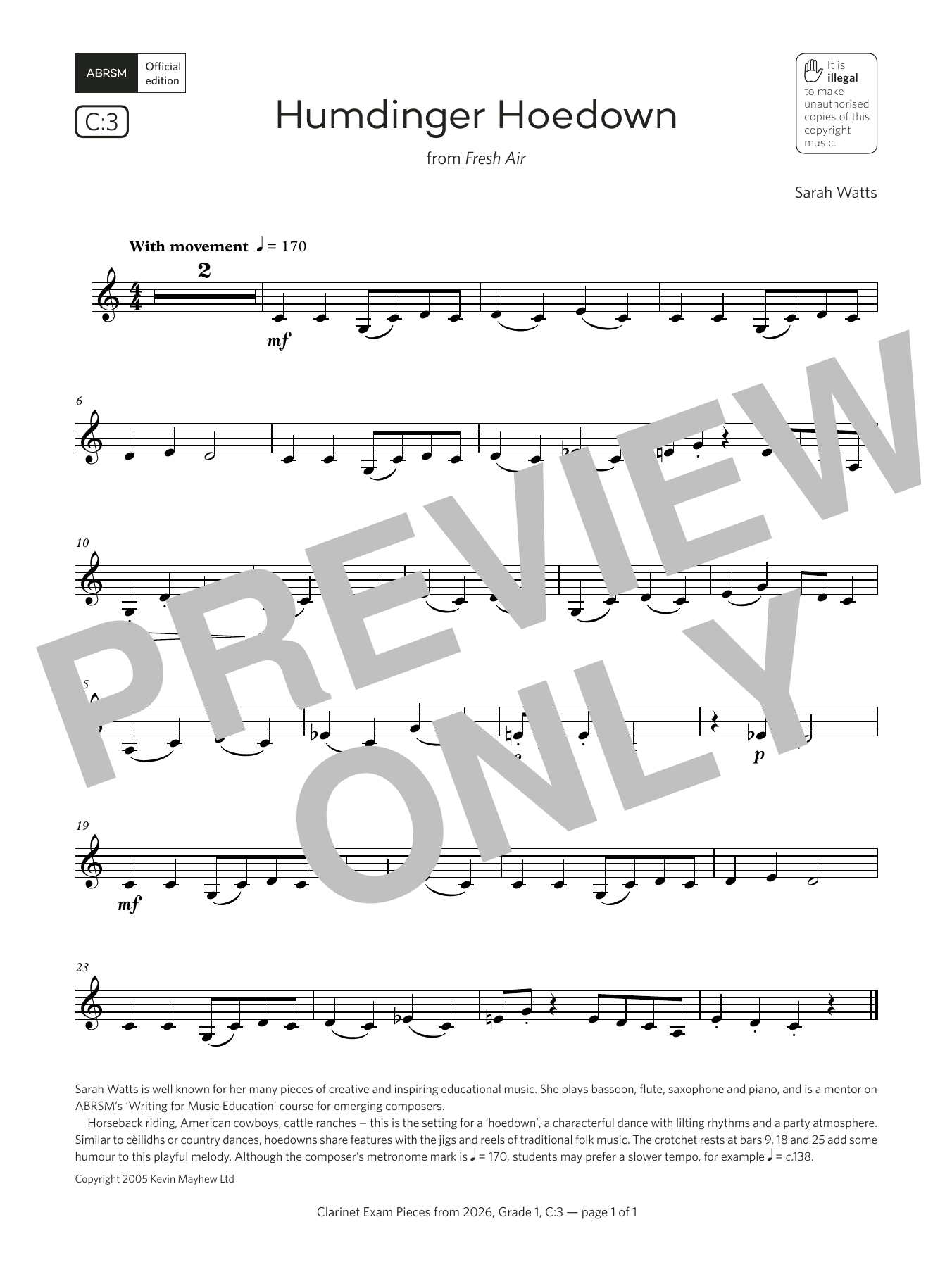 Sarah Watts Humdinger Hoedown (Grade 1, list C3, from the ABRSM Clarinet Syllabus from 2026) Sheet Music & Chords for Clarinet Solo - Download or Print PDF