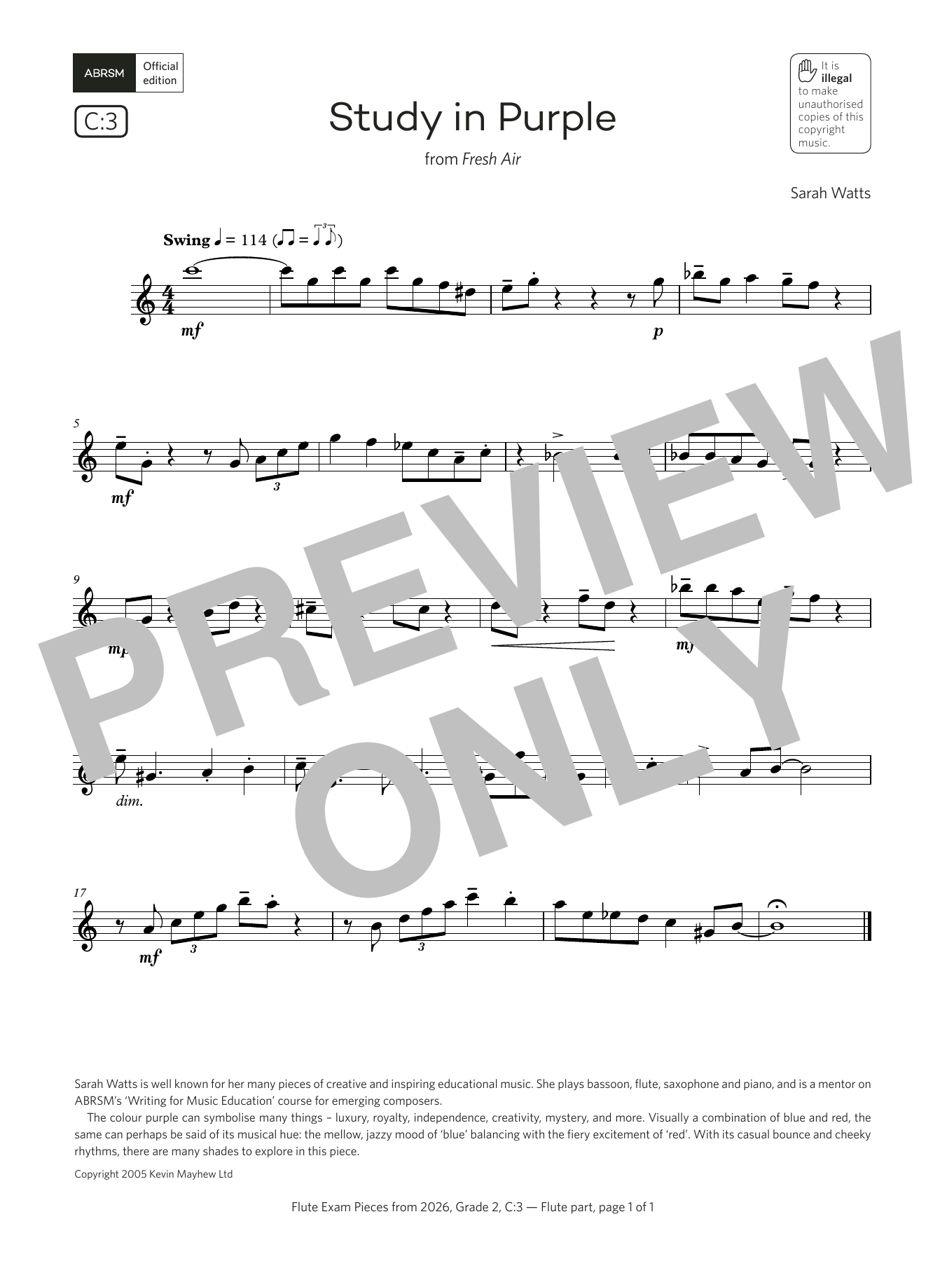 Sarah Watts Study in Purple (Grade 2, list C3, from the ABRSM Flute Syllabus from 2026) Sheet Music & Chords for Flute Solo - Download or Print PDF