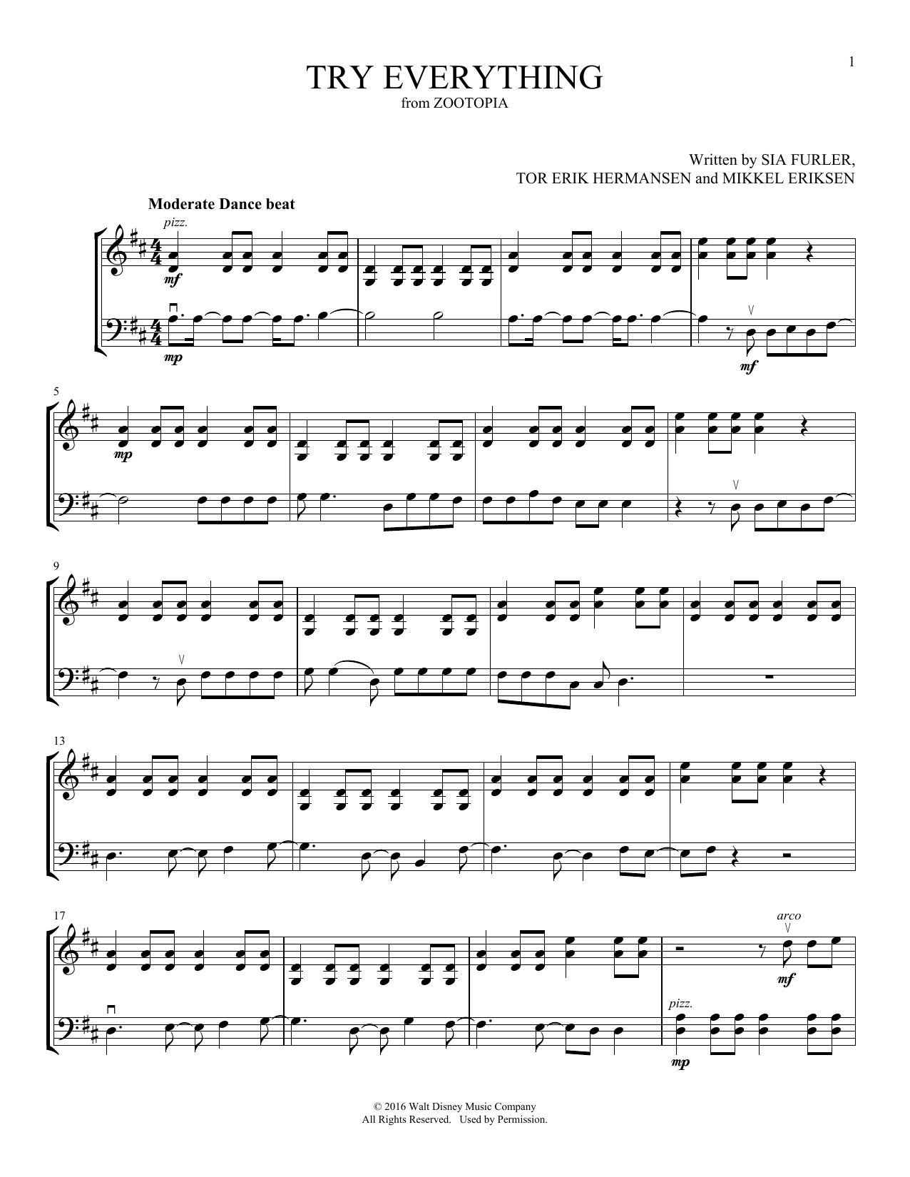 Shakira Try Everything (from Zootopia) (arr. Michelle Hynson) Sheet Music Notes & Chords for Instrumental Duet - Download or Print PDF Shakira Try Everything (from Zootopia) (arr. Michelle Hynson) Sheet Music & Chords for Instrumental Duet - Download or Print PDF