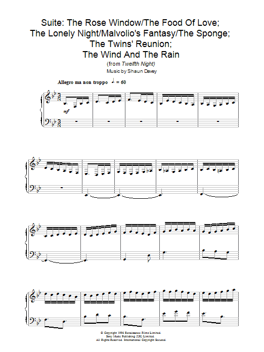 Shaun Davey Rose Window / Food Of Love; Lonely Night / Malvolio's Fantasy / The Sponge; Twins Reunion; Wind Rain Sheet Music & Chords for Piano Solo - Download or Print PDF