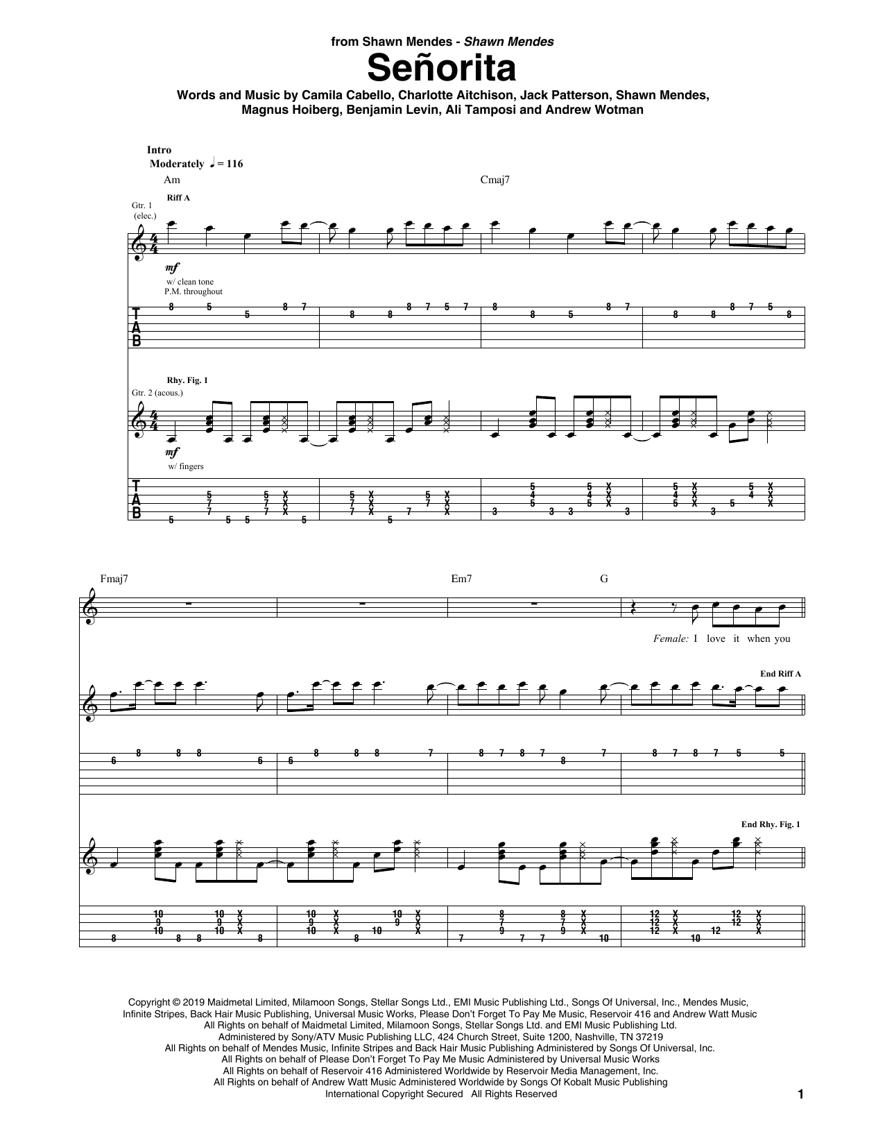 Shawn Mendes & Camila Cabello Señorita Sheet Music & Chords for Guitar Tab - Download or Print PDF