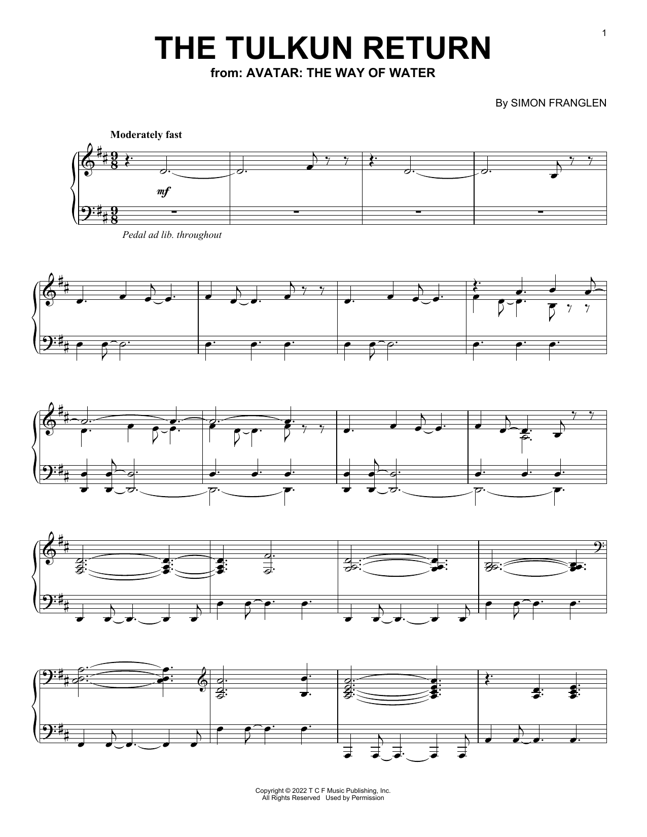 Simon Franglen The Tulkin Return (from Avatar: The Way Of Water) Sheet Music & Chords for Piano Solo - Download or Print PDF