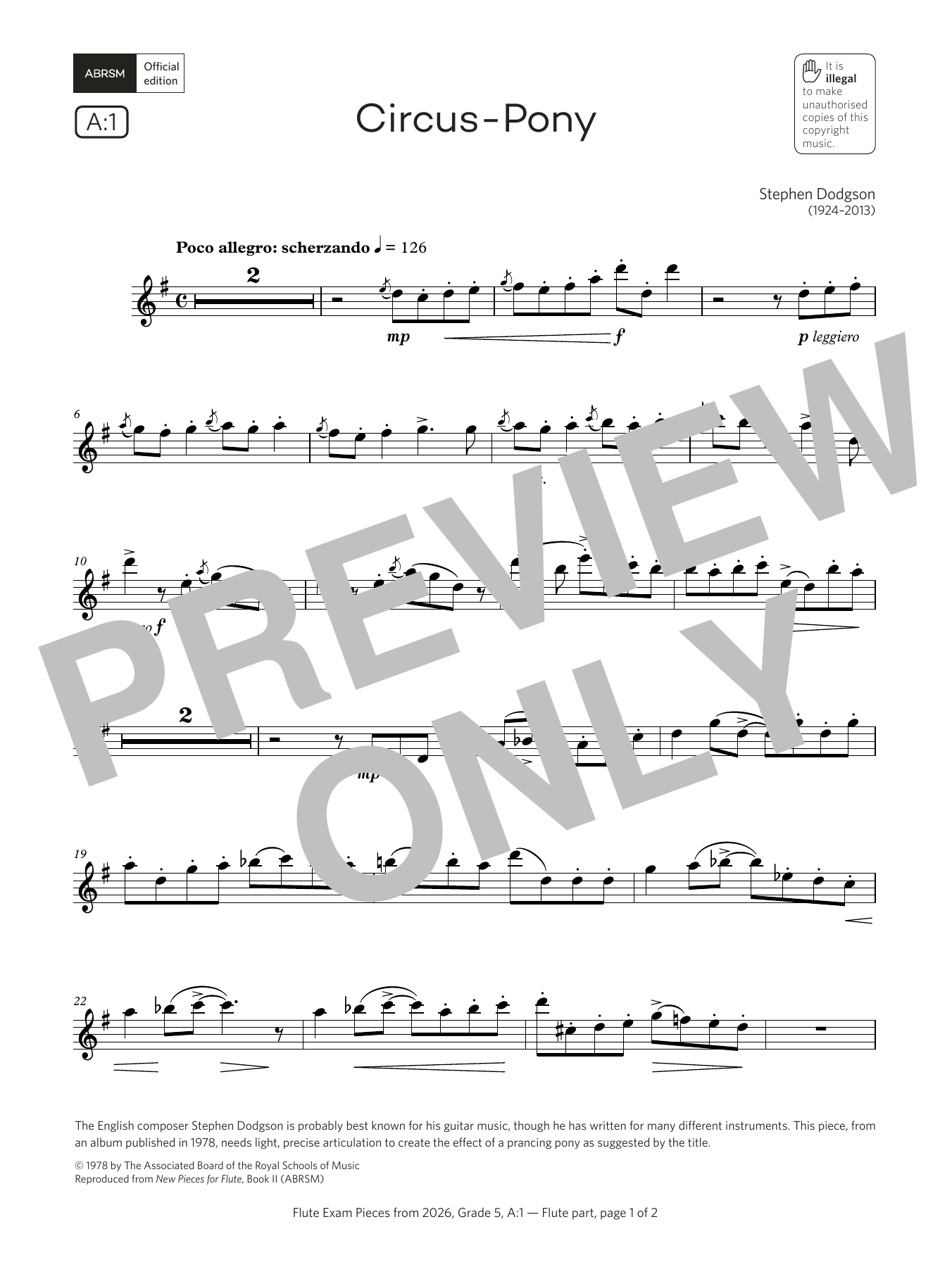 Stephen Dodgson Circus-Pony (Grade 5, list A1, from the ABRSM Flute Syllabus from 2026) Sheet Music & Chords for Flute Solo - Download or Print PDF