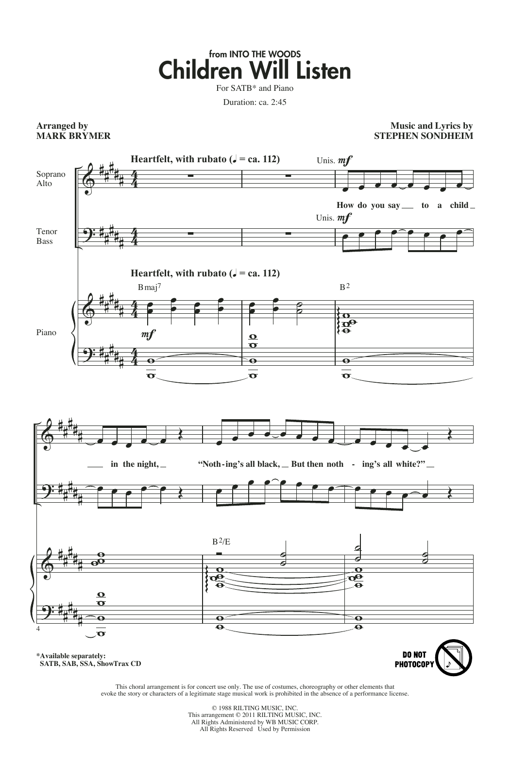 Stephen Sondheim Children Will Listen (from Into The Woods) (arr. Mark Brymer) Sheet Music & Chords for SATB Choir - Download or Print PDF