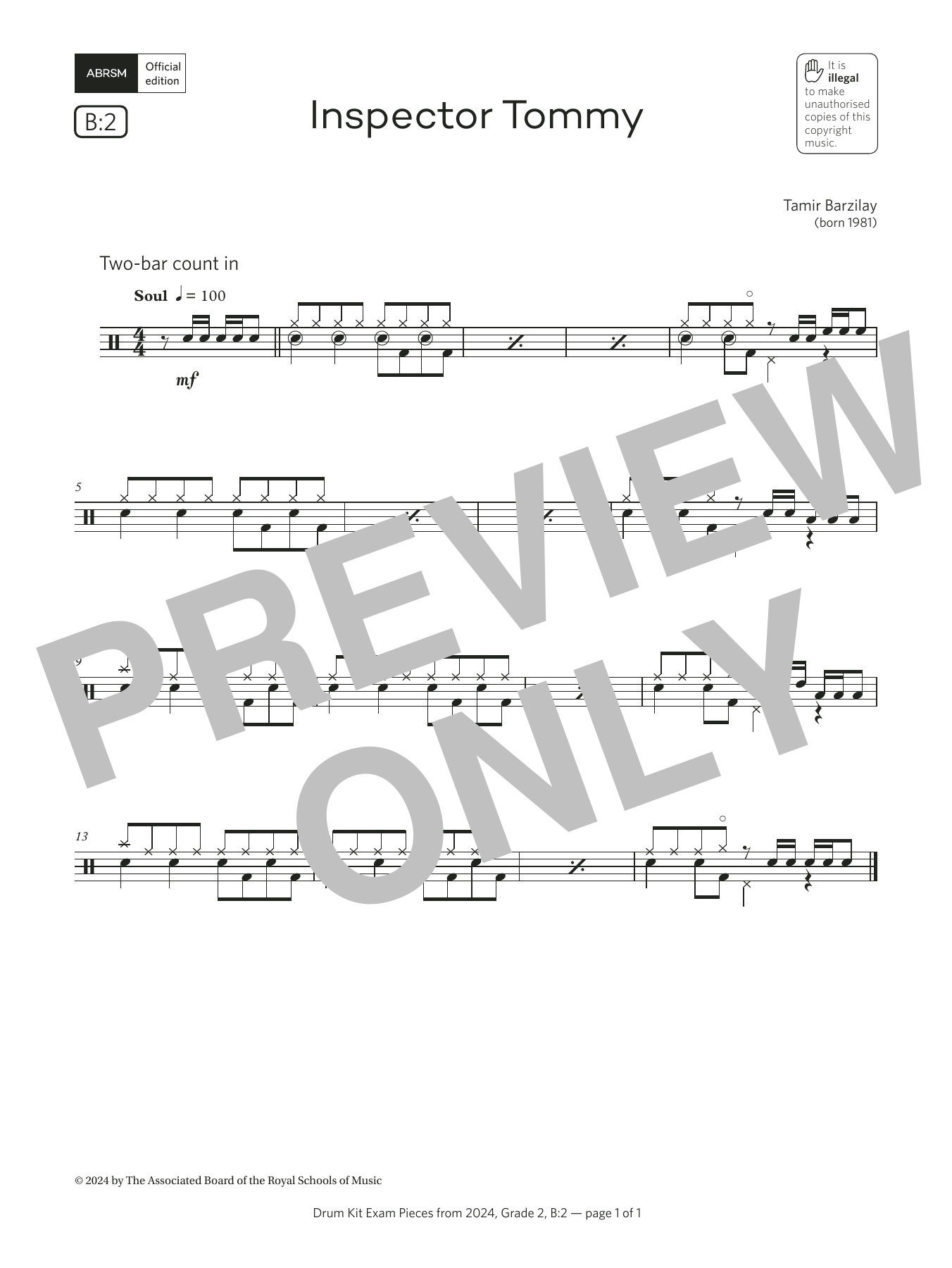 Tamir Barzilay Inspector Tommy (Grade 2, list B2, from the ABRSM Drum Kit Syllabus 2024) Sheet Music & Chords for Drums - Download or Print PDF