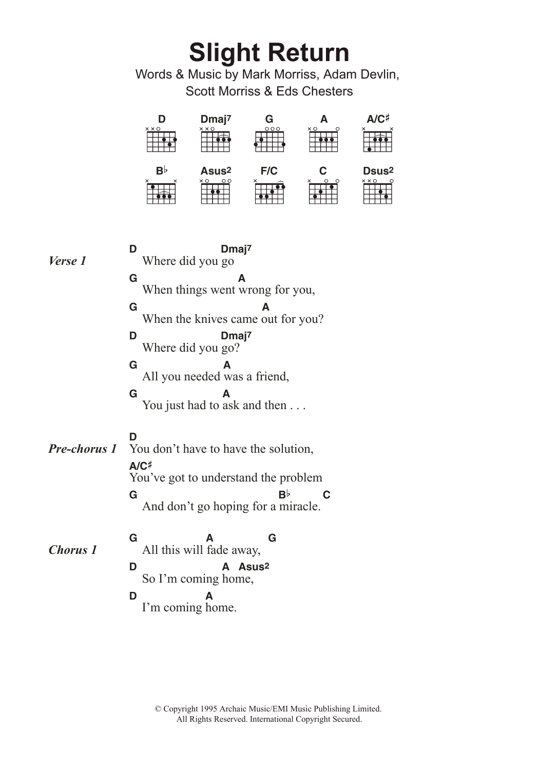 The Bluetones Slight Return Sheet Music & Chords for Lyrics & Chords - Download or Print PDF