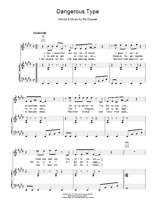The Cars Dangerous Type Sheet Music & Chords for Piano, Vocal & Guitar - Download or Print PDF